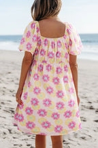 Floral square neck puff sleeve cotton midi dress with pleated flared design by Plush Fashion Hub, showcasing a stylish and feminine look.