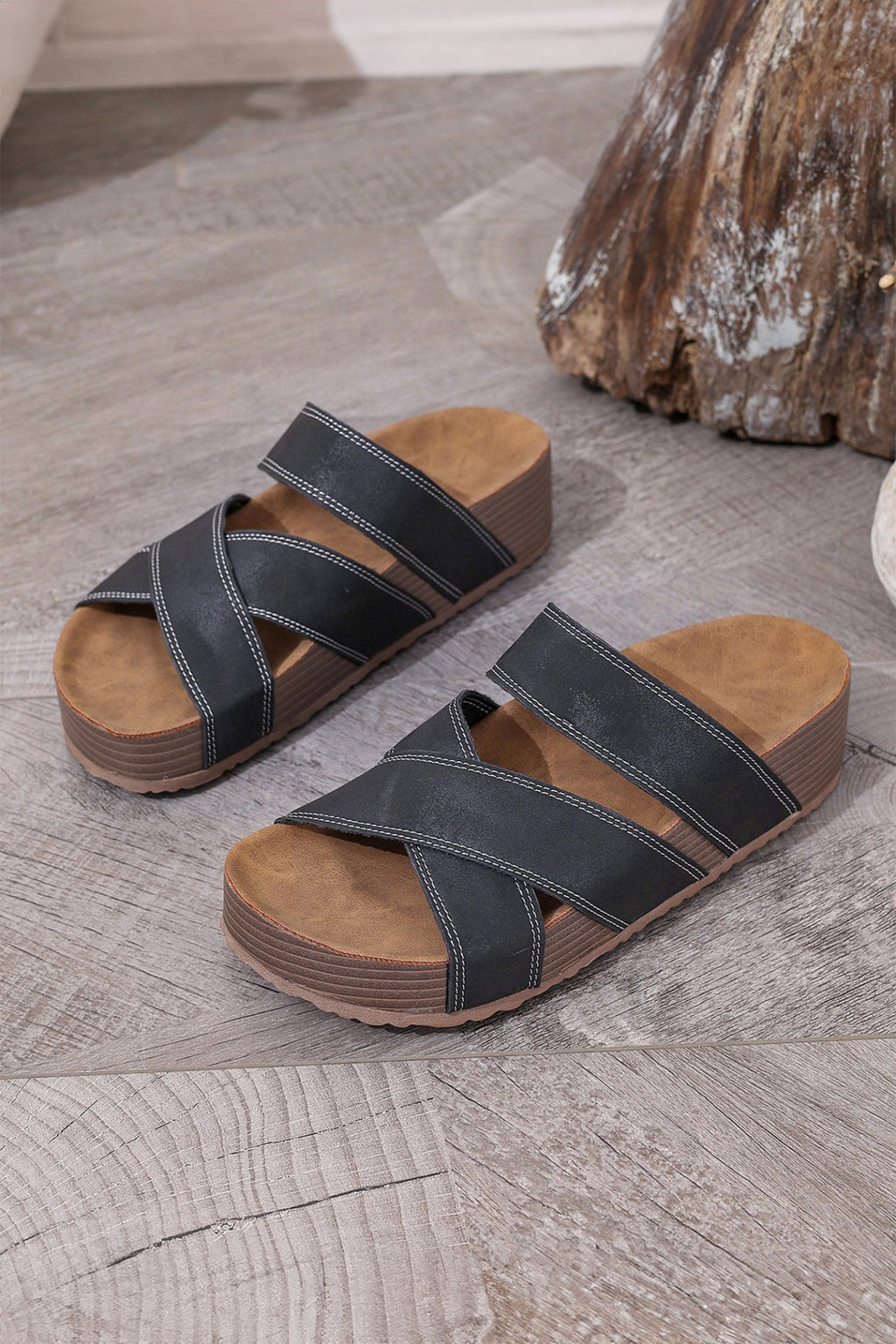 Threaded Pear Kathryn Band Retro Platform Slippers with wide strap and chunky sole, casual indoor footwear in neutral tones.