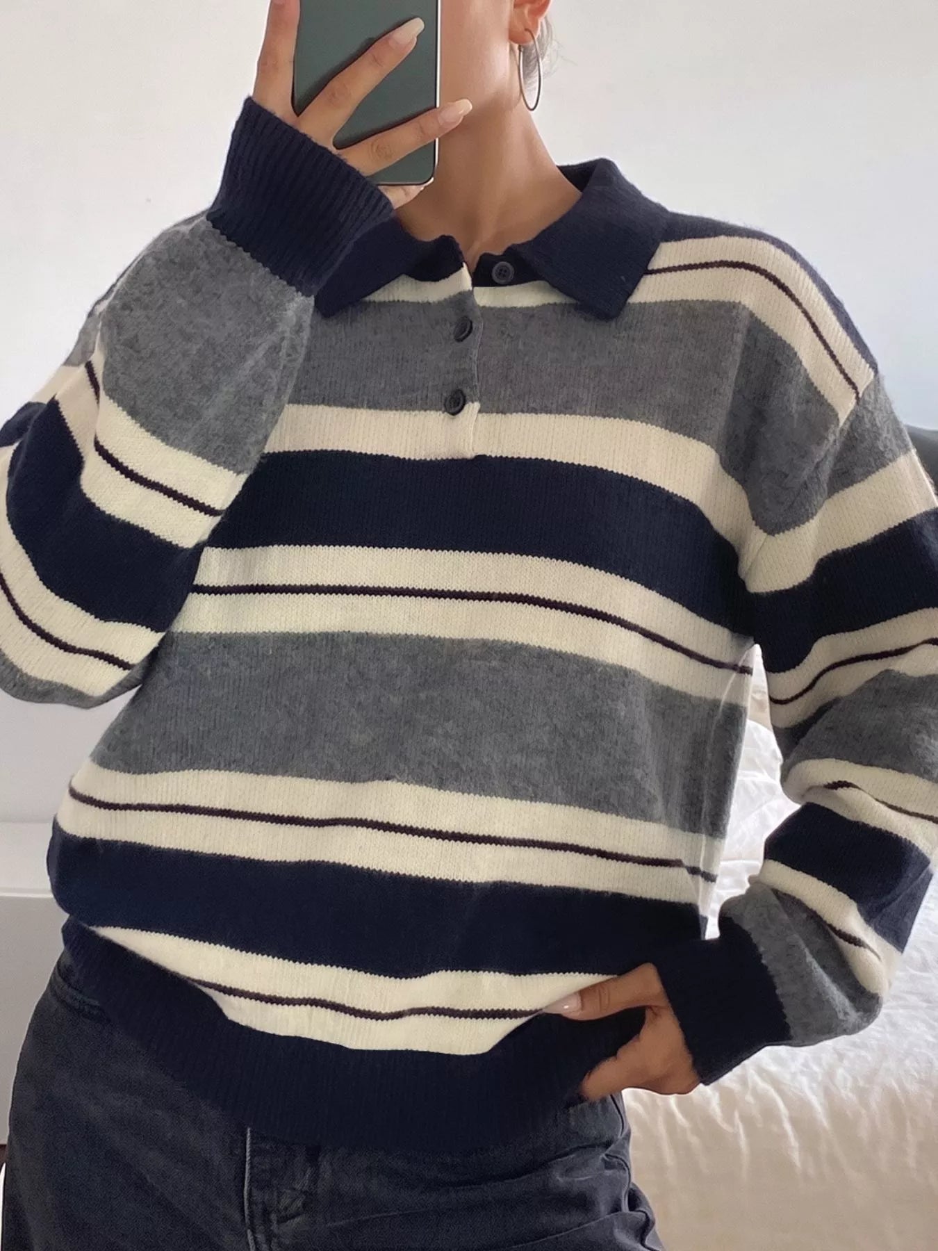 Striped long sleeve sweater with button details from Plush Fashion Hub, featuring a cozy knit design and classic style.