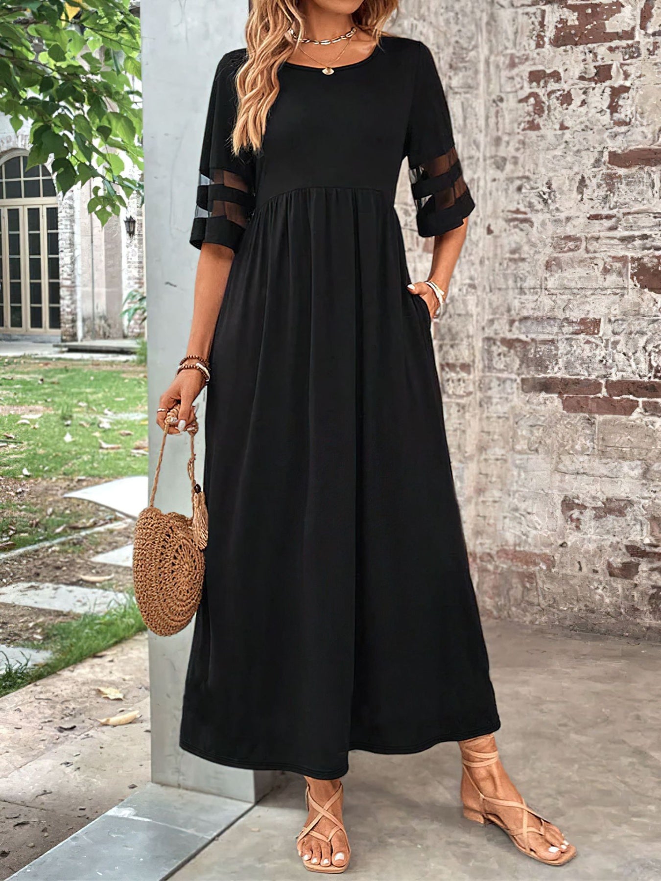 Plus size mesh sleeve round neck dress with pockets by Shopimist, featuring a stylish, comfortable fit and modern design.