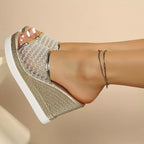 Open toe wedge sandals by Shopimist featuring a tan leather finish and chunky heel on a neutral background.