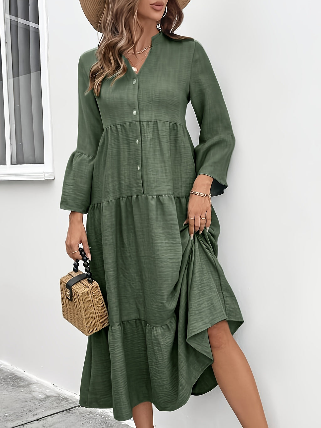 Casual cotton blend button-front tiered midi dress in summer style, featuring a relaxed fit and feminine silhouette.