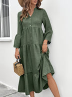 Casual cotton blend button-front tiered midi dress in summer style, featuring a relaxed fit and feminine silhouette.