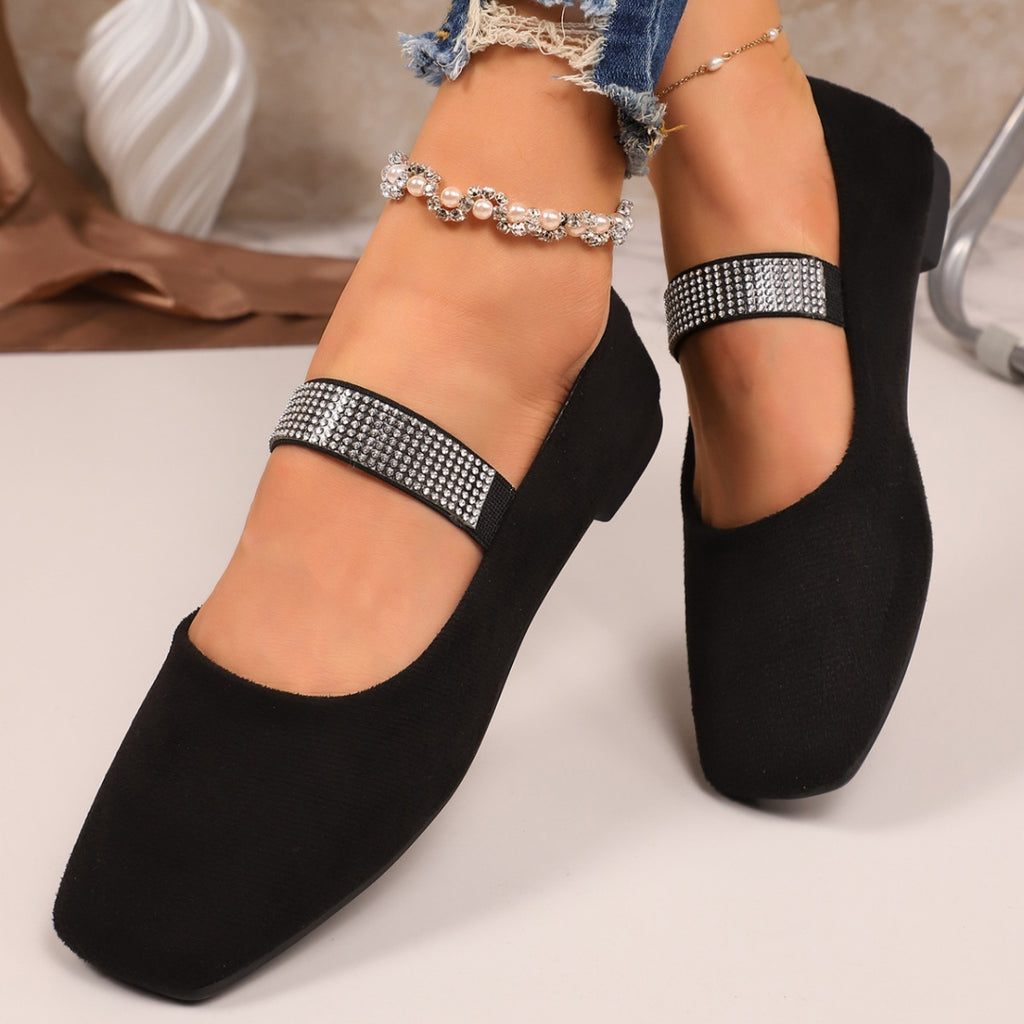 Women's rhinestone-embellished square toe slip-on flats from Trendsi, showcasing casual chic footwear with sparkling details.