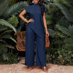 Asymmetrical sleeveless top and matching pants set for women by FitiqueFit, featuring stylish and modern two-piece casual outfit