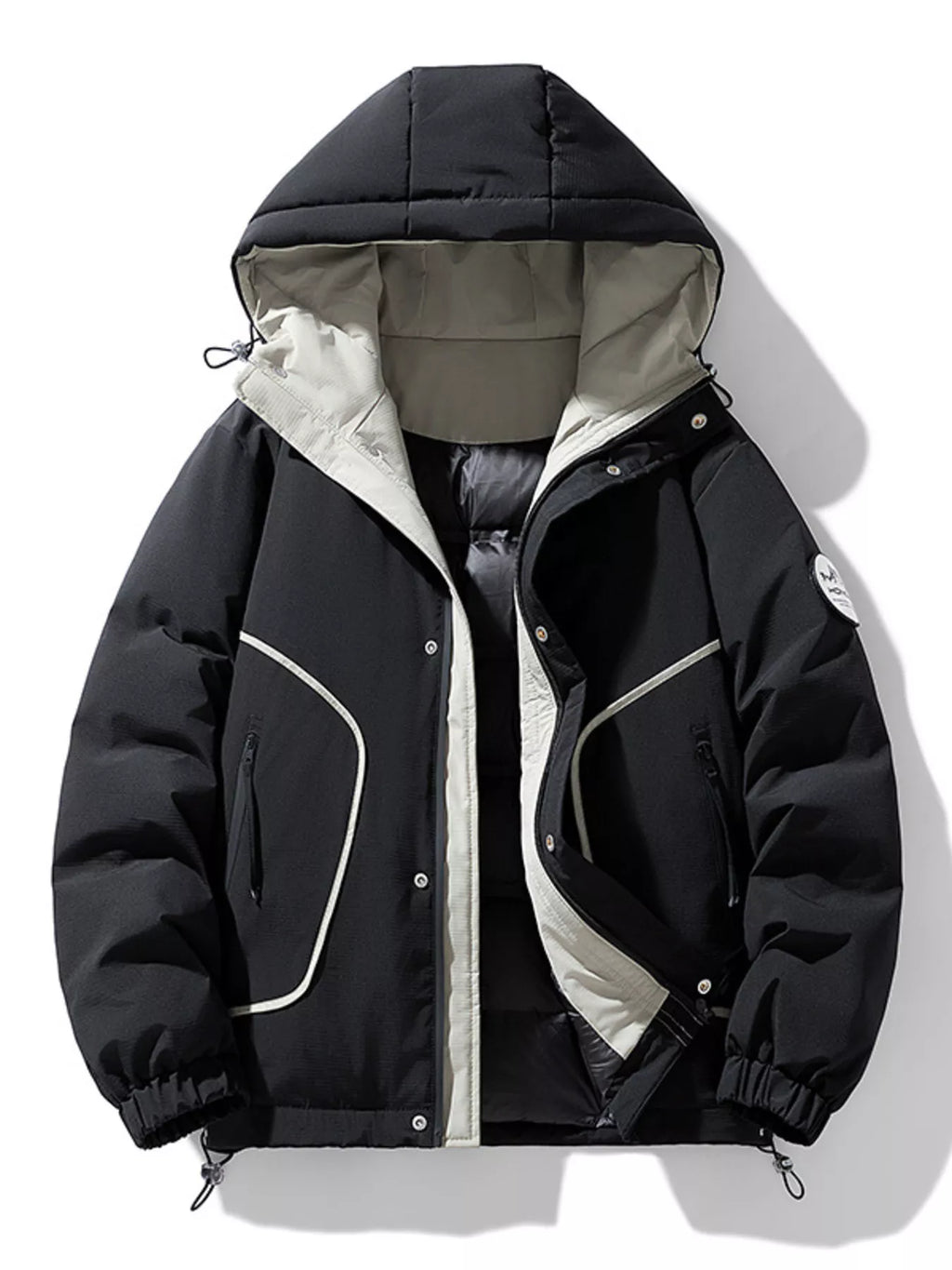 Plus size men's puffer jacket with contrast hood, black and gray, from Shopimist, featuring a quilted design and front zipper.
