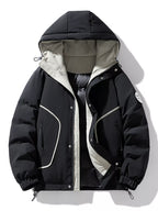 Plus size men's puffer jacket with contrast hood, black and gray, from Shopimist, featuring a quilted design and front zipper.