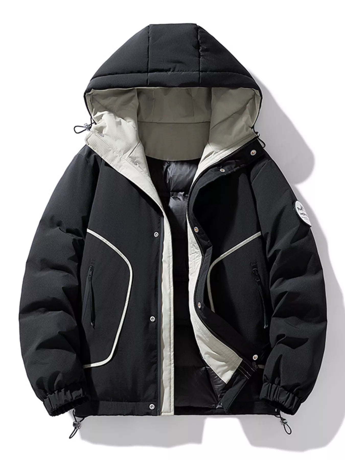 Plus size men's puffer jacket with contrast hood, black and gray, from Shopimist, featuring a quilted design and front zipper.