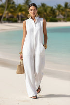 Linen blend sleeveless jumpsuit with stand collar in five colors, available in sizes S to 3XL, by Plush Fashion Hub.