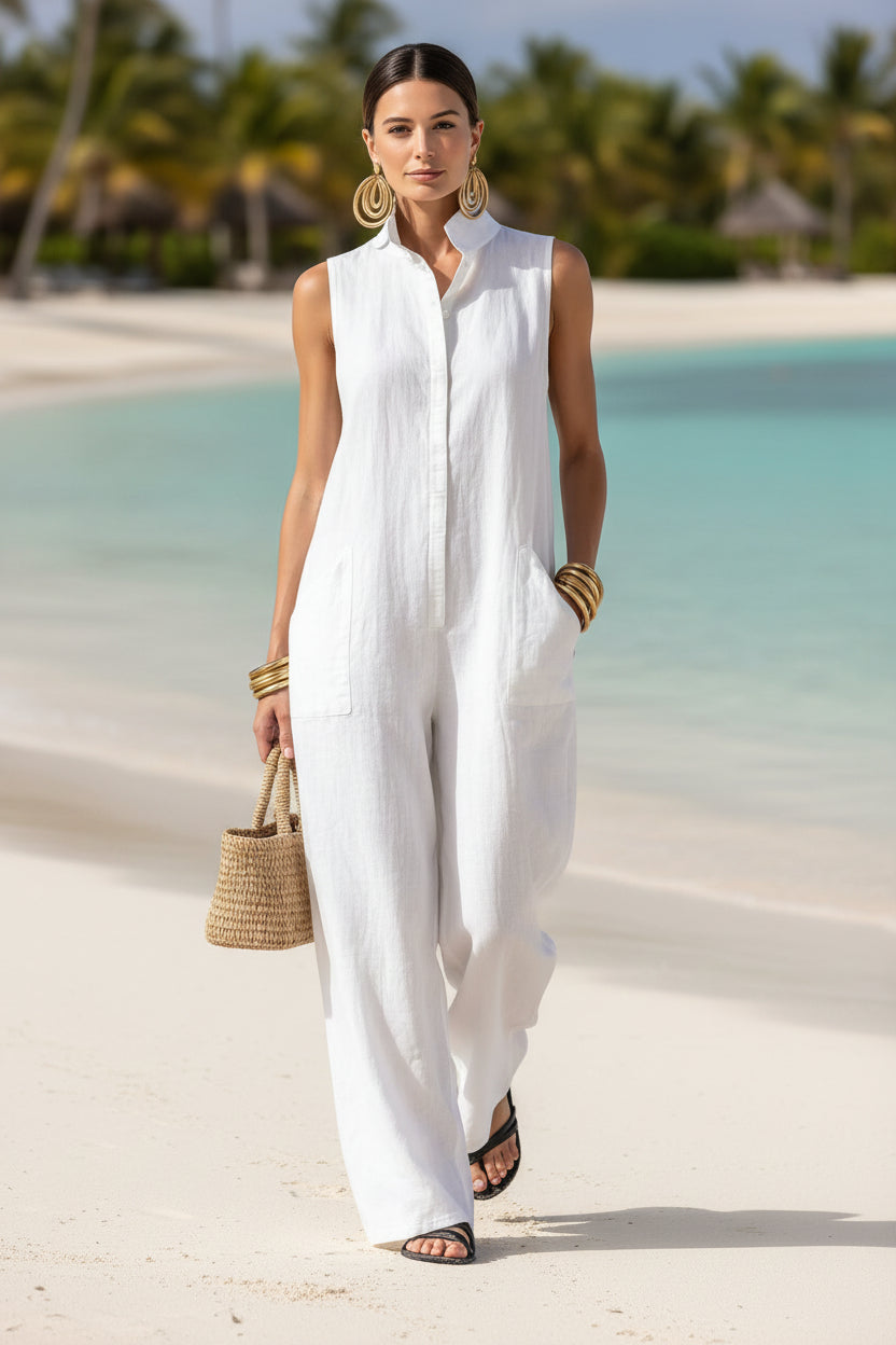 Linen blend sleeveless jumpsuit with stand collar by FitiqueFit in black, available in sizes S to 3XL, displayed on a model.