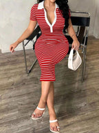 Striped polo collar midi dress by Shopimist featuring a fitted silhouette, midi length, and classic striped pattern.