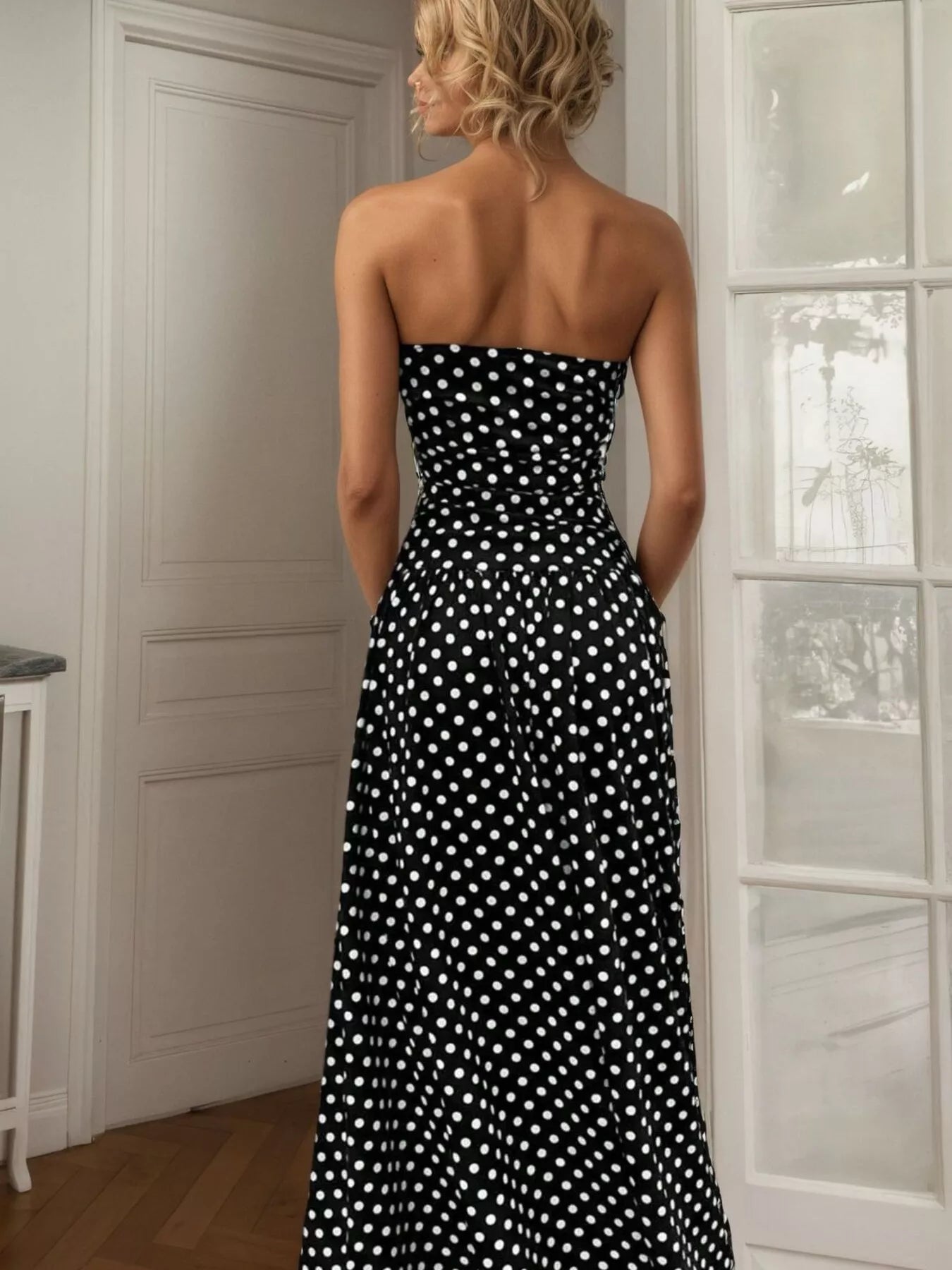Polka dot strapless maxi dress by Shopimist featuring a flowy silhouette and bold dot pattern, perfect for summer outings.