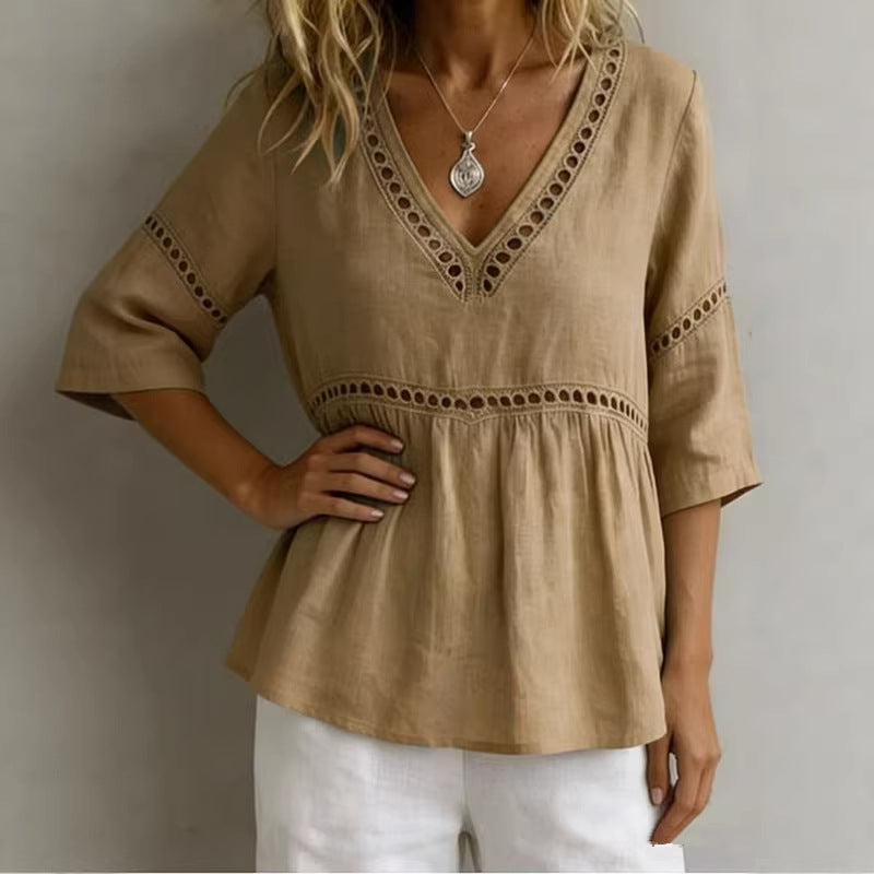 Women's FitiqueFit V-neck hollow-out fringe cotton-linen top, casualwear with a relaxed fit and stylish fringe detail.