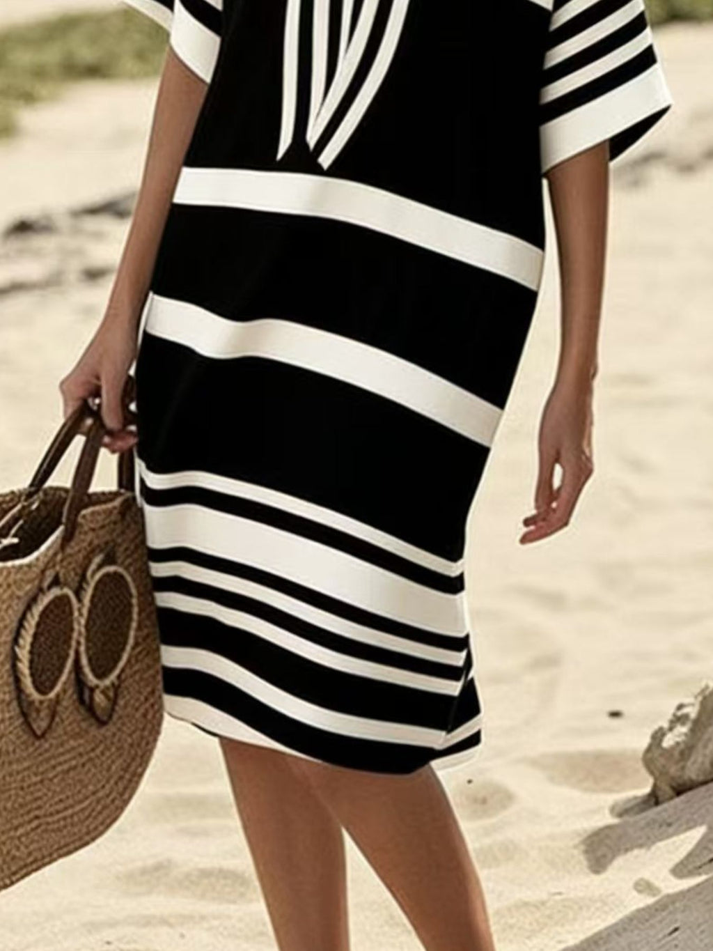 Plus size women's striped half-sleeve midi dress from Plush Fashion Hub, casual chic everyday wear, featuring a stylish striped pattern.