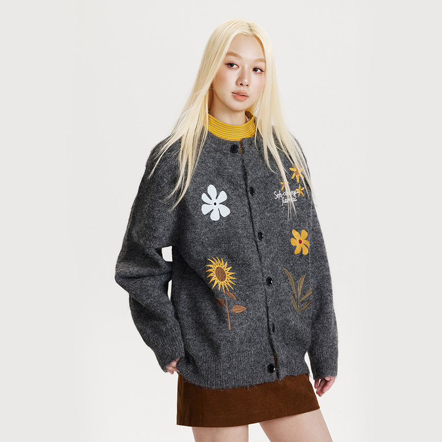 Women's retro floral embroidered cardigan sweater by FitiqueFit featuring colorful floral embroidery on a cozy knit fabric.