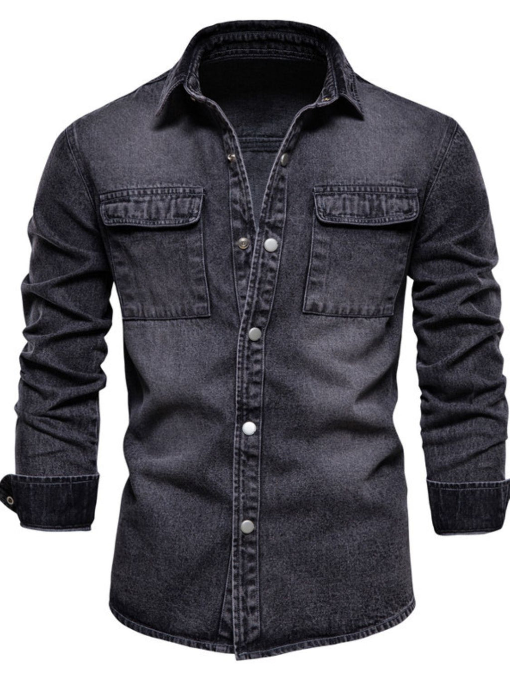 Men's VYSN denim jacket with button-down front and chest pocket, casual fashion outerwear made from durable denim fabric.
