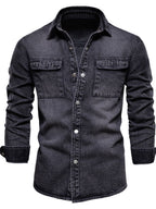 Men's VYSN denim jacket with button-down front and chest pocket, casual fashion outerwear made from durable denim fabric.