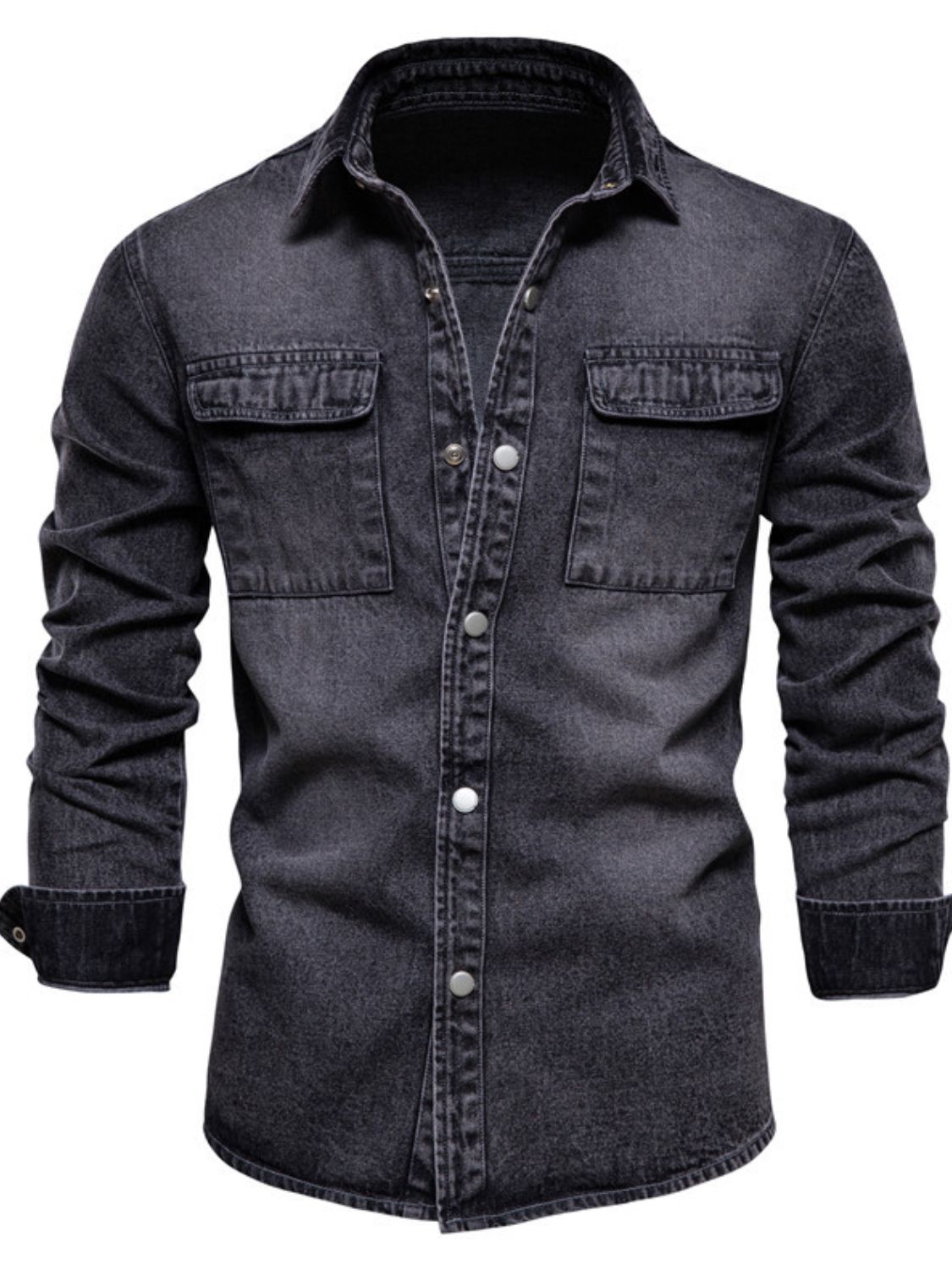 Men's VYSN denim jacket with button-down front and chest pocket, casual fashion outerwear made from durable denim fabric.