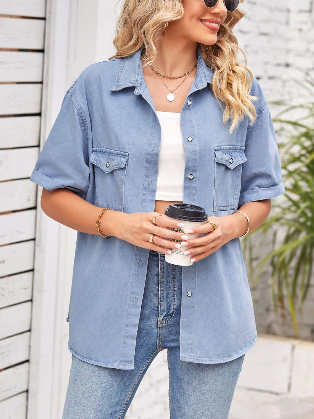 VYSN denim jacket with collared neck and short sleeves, stylish casual clothing for women or men, casual fashion wear