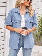 VYSN denim jacket with collared neck and short sleeves, stylish casual clothing for women or men, casual fashion wear