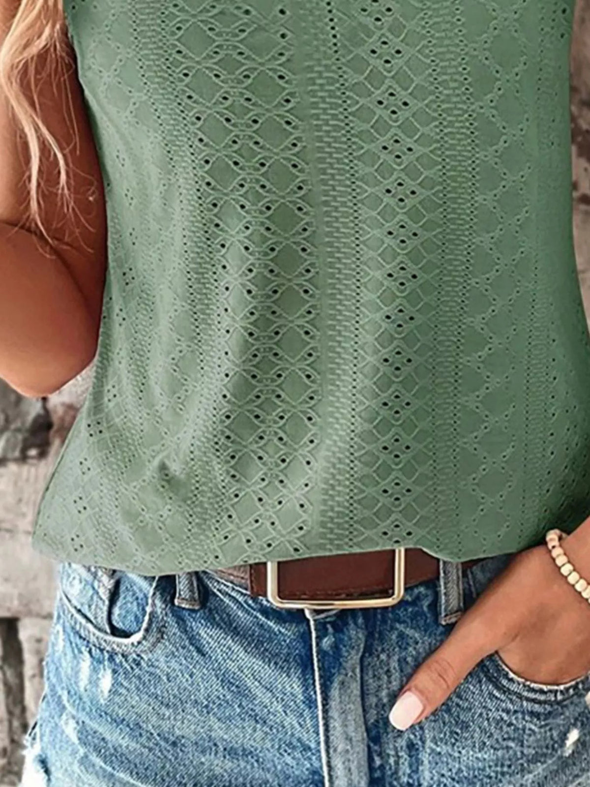 Plush Fashion Hub eyelet lace trim V-neck tank top with sleeveless design and soft fabric, perfect for casual wear.