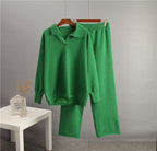 Solid color lapel sweater set for women by Plush Fashion Hub, casualwear with a comfortable sweater and matching bottom.