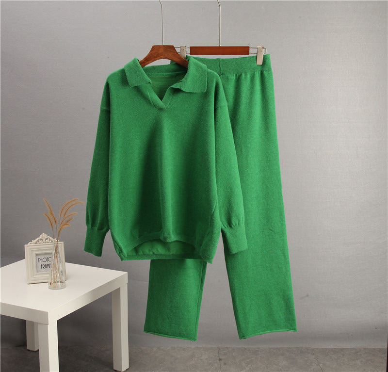 Solid color lapel sweater set for women by Plush Fashion Hub, casualwear with a comfortable sweater and matching bottom.