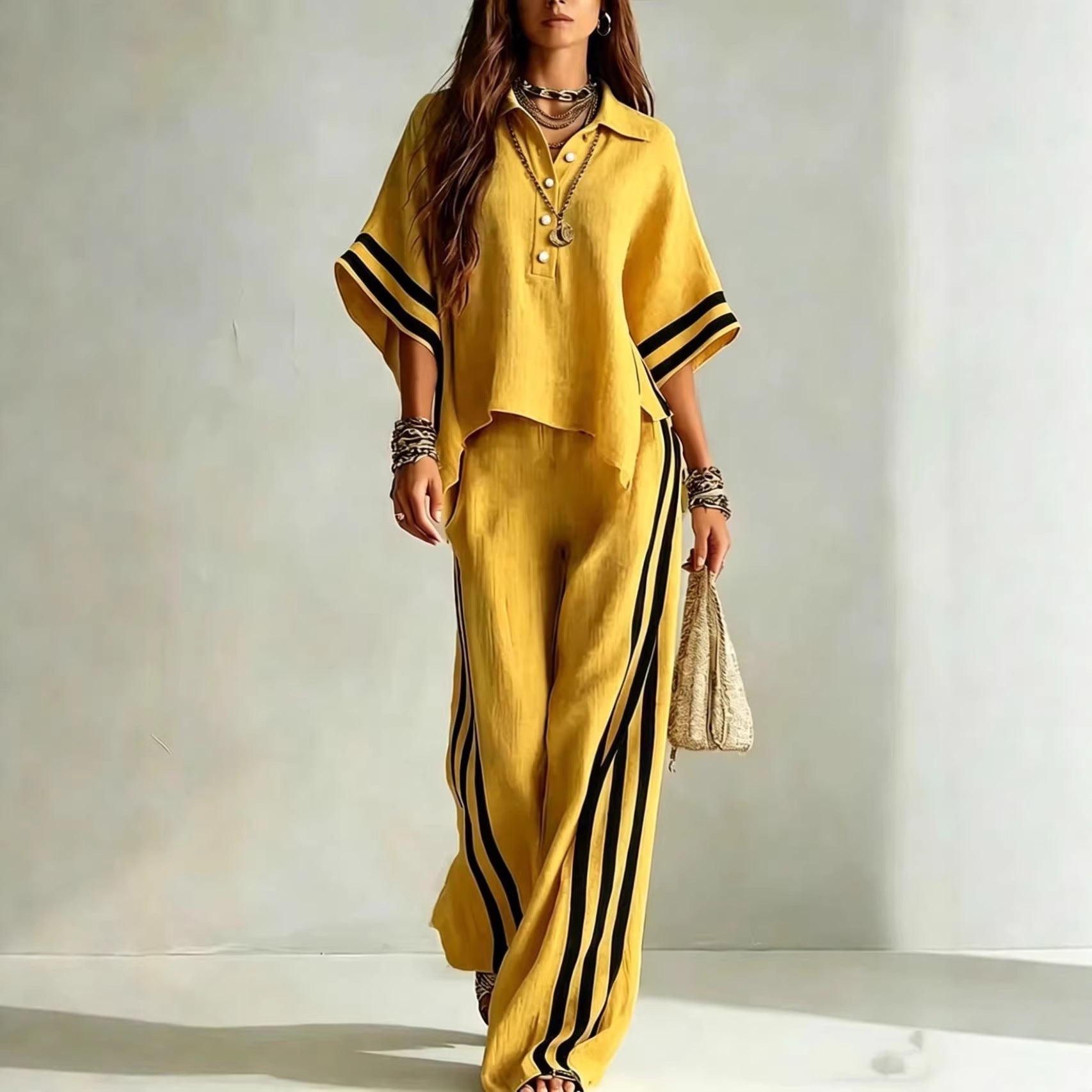 Women's short-sleeve shirt and loose pants two-piece set by Plush Fashion Hub, featuring a casual, comfortable fit.