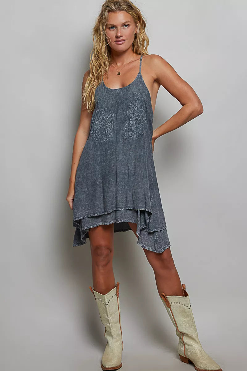 Embroidered adjustable strap mini dress by Shopimist, featuring colorful floral embroidery and a fitted silhouette.