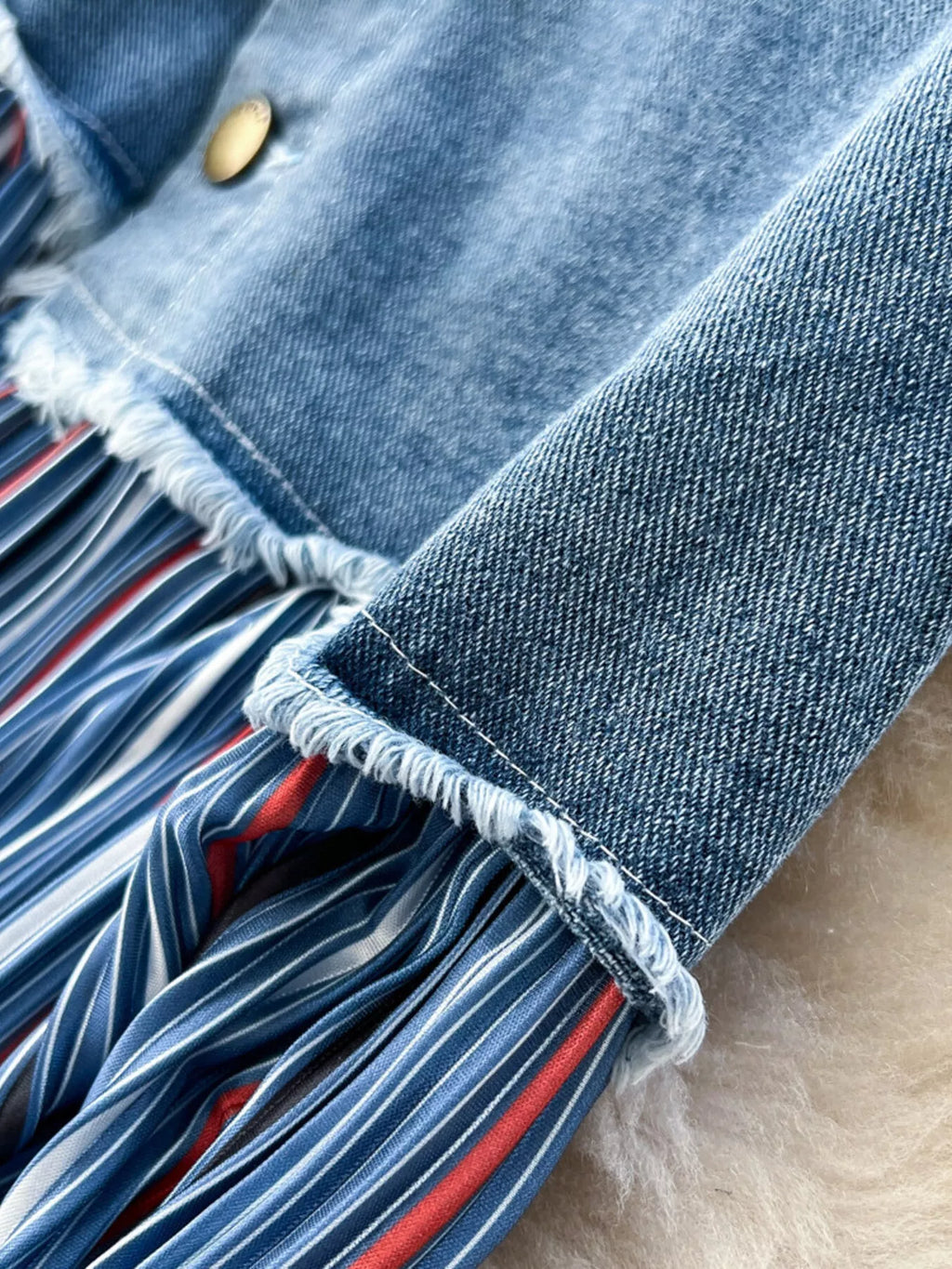 Full size striped patchwork denim skirt by Plush Fashion Hub, showing a stylish plus size skirt with colorful patchwork and striped design.