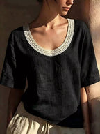 Plus size Shopimist lace trim short sleeve blouse with full front view, showcasing the delicate lace details and comfortable fit.