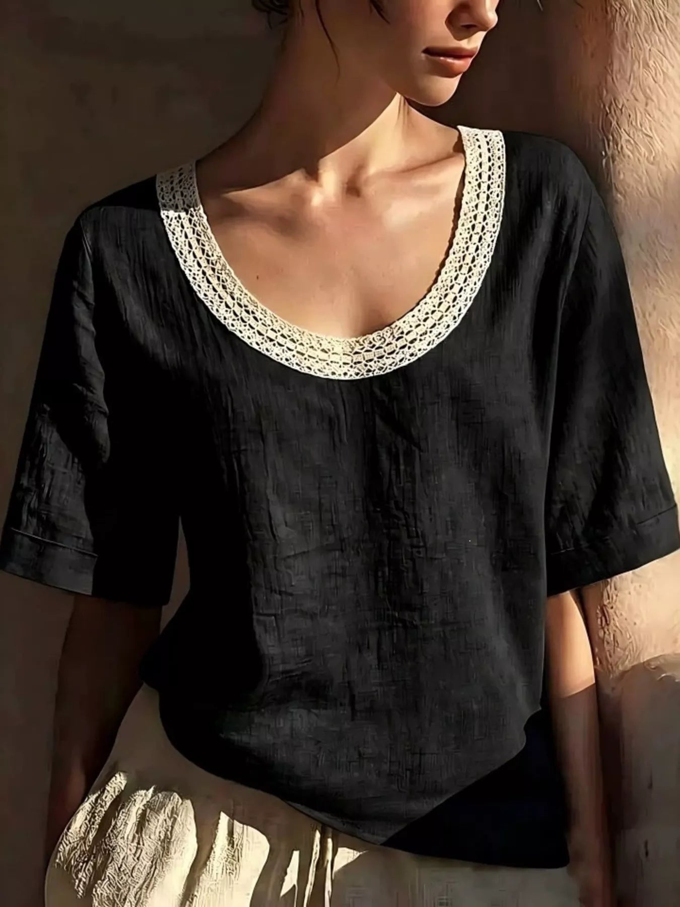 Plus size Shopimist lace trim short sleeve blouse with full front view, showcasing the delicate lace details and comfortable fit.