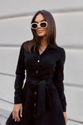 Loose linen lace-up long-sleeve mini dress by FitiqueFit in three colors, casualwear style, shown on a model.