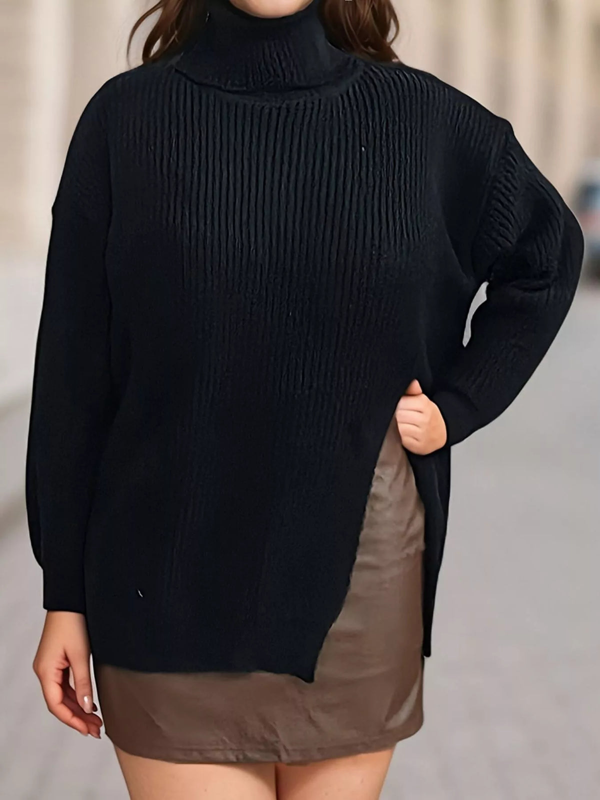 Plus size ribbed turtleneck sweater with side slit, stylish and cozy Trendsi sweater in a flattering fit.