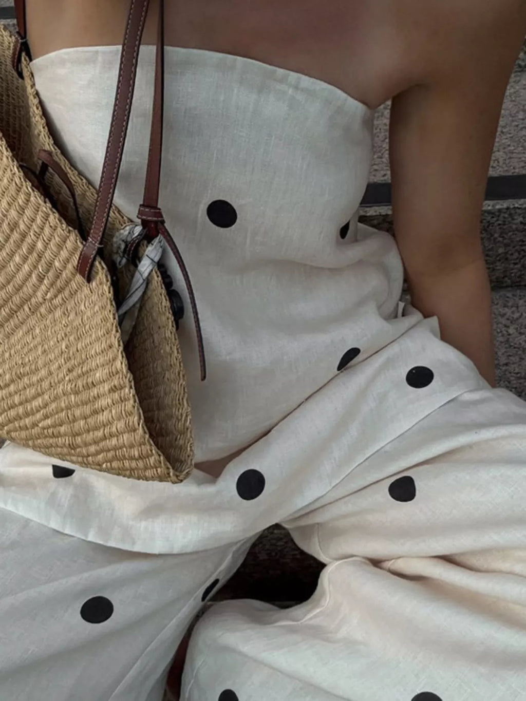 Polka dot tube top and pants set by Shopimist featuring a stylish matching outfit with a fitted tube top and wide-leg pants.