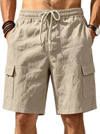 Men's plus size casual cargo shorts with drawstring waist, black color, featuring multiple pockets and relaxed fit.