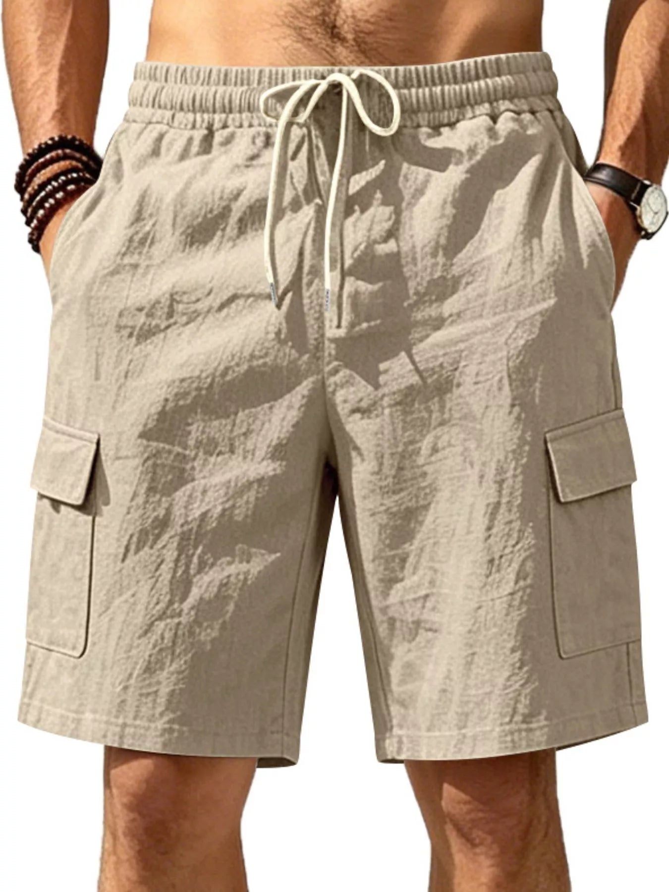 Men's plus size casual cargo shorts with drawstring waist, black color, featuring multiple pockets and relaxed fit.