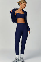 Fitglutes Activewear sports bra, jacket, and leggings 3-piece set, featuring a stylish workout clothes ensemble for gym and fitness.