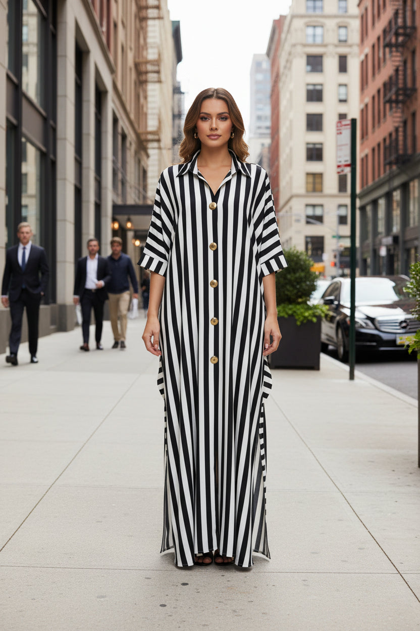 African-inspired striped loose long dress from Plush Fashion Hub in five colors, featuring a flowy, relaxed fit and vibrant patterns.