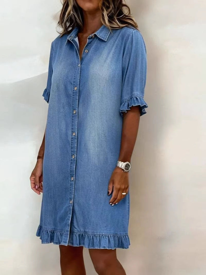 Women's faux denim ruffle-sleeve shirt dress by Plush Fashion Hub, casualwear with ruffle details and button-front design.