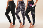 Three-pack of high-waisted cropped yoga pants with slanted pockets by FitiqueFit, showing the comfortable, stretchy activewear in different colors.