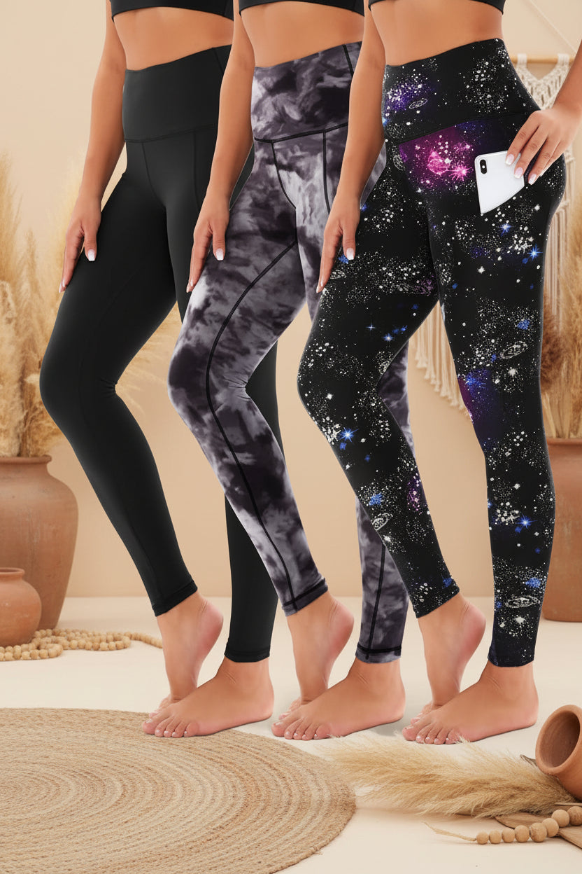 Three-pack of FitiqueFit high-waisted cropped yoga pants with slanted pockets, designed for activewear and comfortable movement.