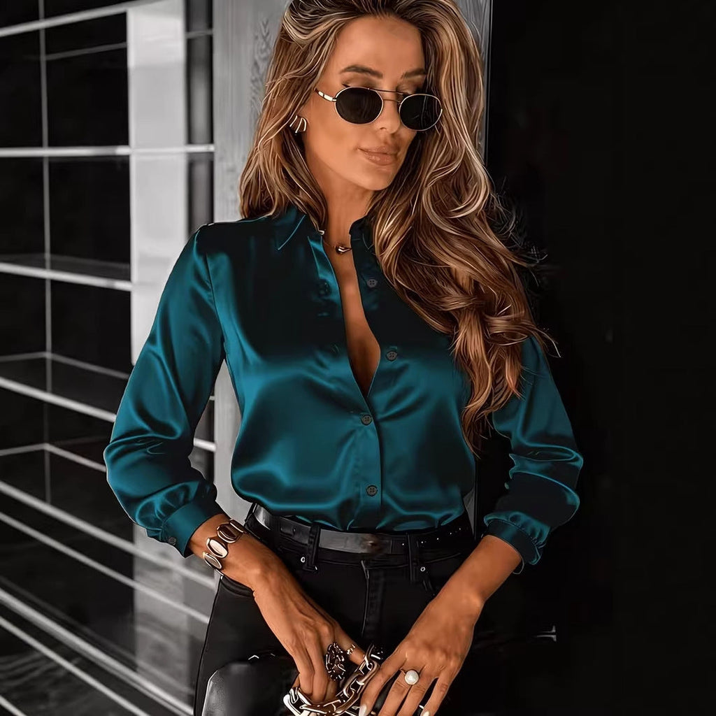 Women's satin lapel shirt with long sleeves, drapey casualwear from FitiqueFit, shown in a relaxed fit with a stylish collar.