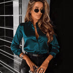 Women's satin lapel shirt with long sleeves, drapey casualwear from FitiqueFit, shown in a relaxed fit with a stylish collar.