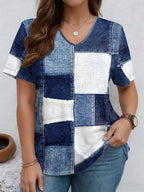 V-neck denim print short sleeve casual T-shirt from Plush Fashion Hub, featuring a loose fit and stylish denim design.