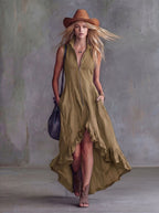 Plush Fashion Hub boho dress with lapel collar, zip front, and ruffle hem, featuring a flowy, stylish design perfect for casual wear.
