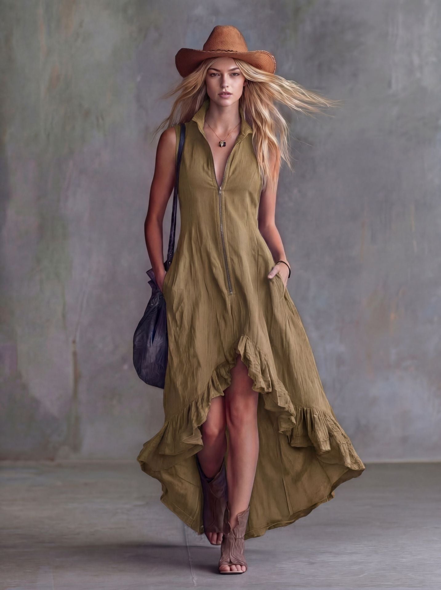Plush Fashion Hub boho dress with lapel collar, zip front, and ruffle hem, featuring a flowy, stylish design perfect for casual wear.