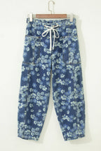 Dainty Floral Printed Drawstring Barrel Jeans