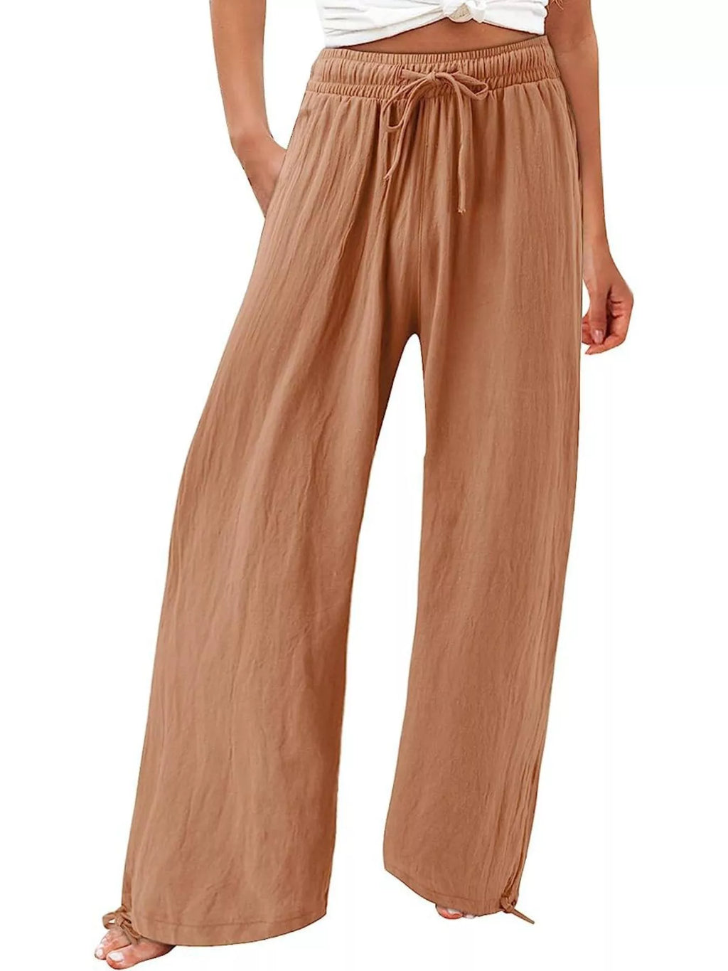 Plus size Shopimist wide leg pants with drawstring waist, full length, lightweight fabric, stylish and comfortable for casual wear.