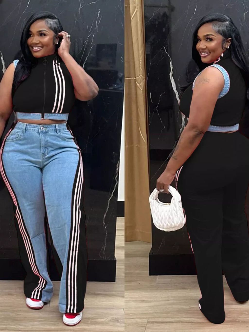 Zip front crop top and striped pants set by Shopimist, featuring a stylish crop top with a front zipper and matching striped pants.